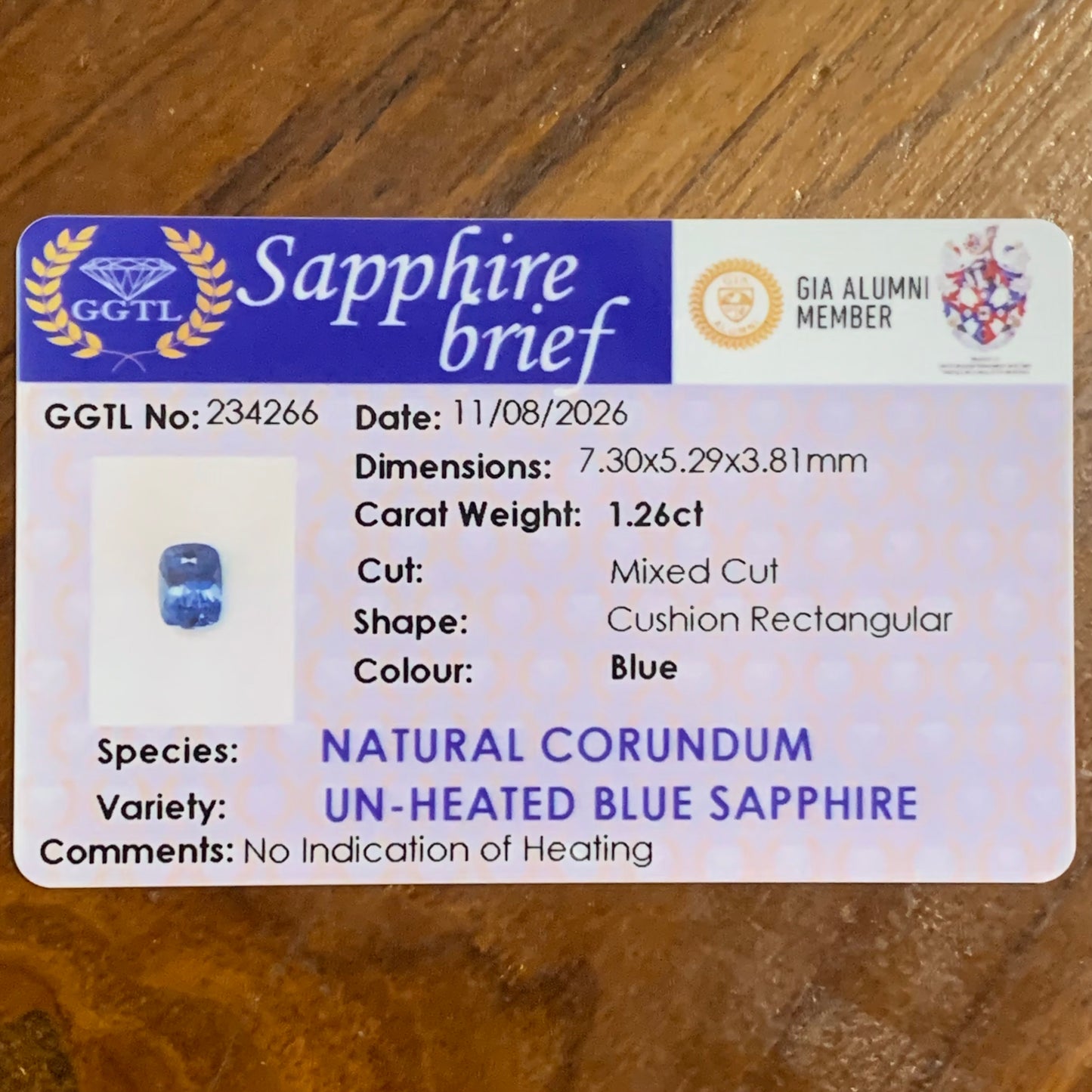 Unheated Blue Sapphire Certified Rectangular Cushion 1.26 Ct Natural Loose Gemstone