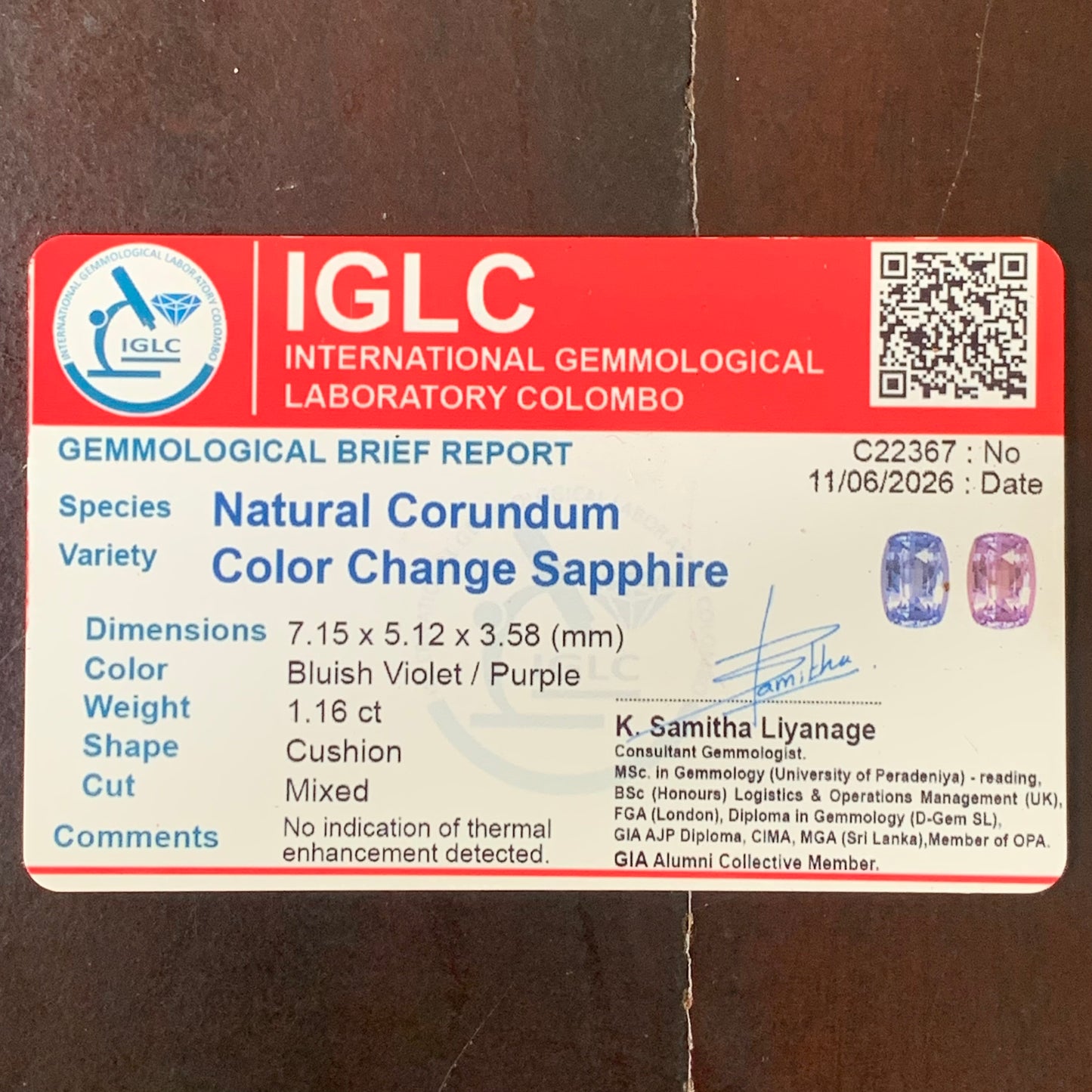 Natural Unheated Color Change Sapphire Rectangular Cushion 1.16 Ct Certified Loose Gemstone From Sri Lanka