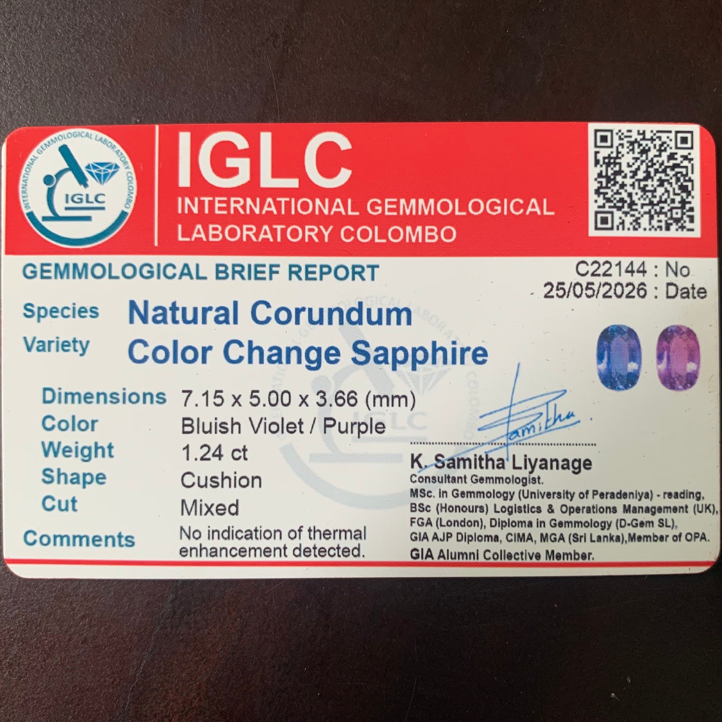 Natural Unheated Color Change Sapphire Rectangular Cushion 1.24 Ct Certified Loose Gemstone From Sri Lanka