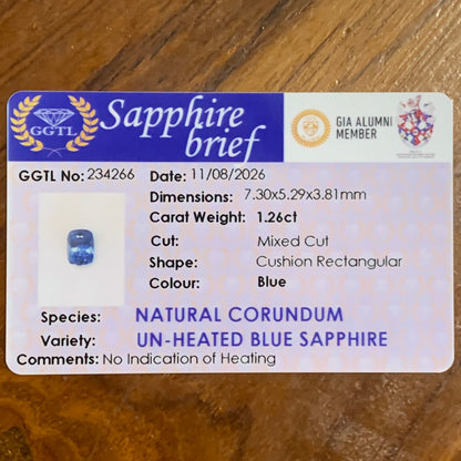 Unheated Blue Sapphire Certified Rectangular Cushion 1.26 Ct Natural Loose Gemstone
