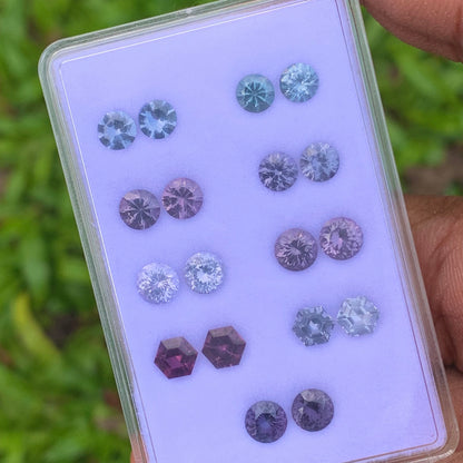 Purple Gray & Teal Spinel Round & Hexagon Pairs 9 Pairs 4.4 - 5.2 mm / 7.47 Ct Natural Loose Gemstones Parcel For Earrings