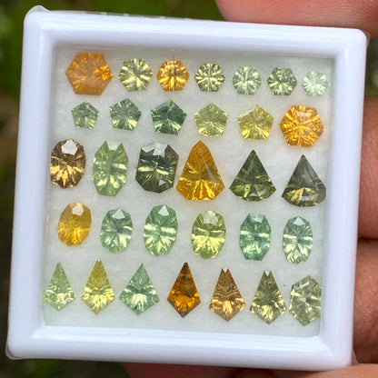 Zircon Parcel Of Fantasy / Concave Cut Different Geometric Shapes Loose Gemstones 11.40 Ct / 32 Green & Yellow Gemstones for Jewelry Making