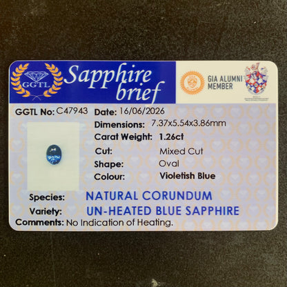 Unheated Violetish Blue Sapphire Certified Oval 1.26 Ct Natural Loose Gemstone