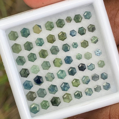 Unheated Green Teal Bluish Sapphire Hexagons Natural Loose Gemstone Parcel 8.51 Ct / 56 Gemstones From Sri Lanka