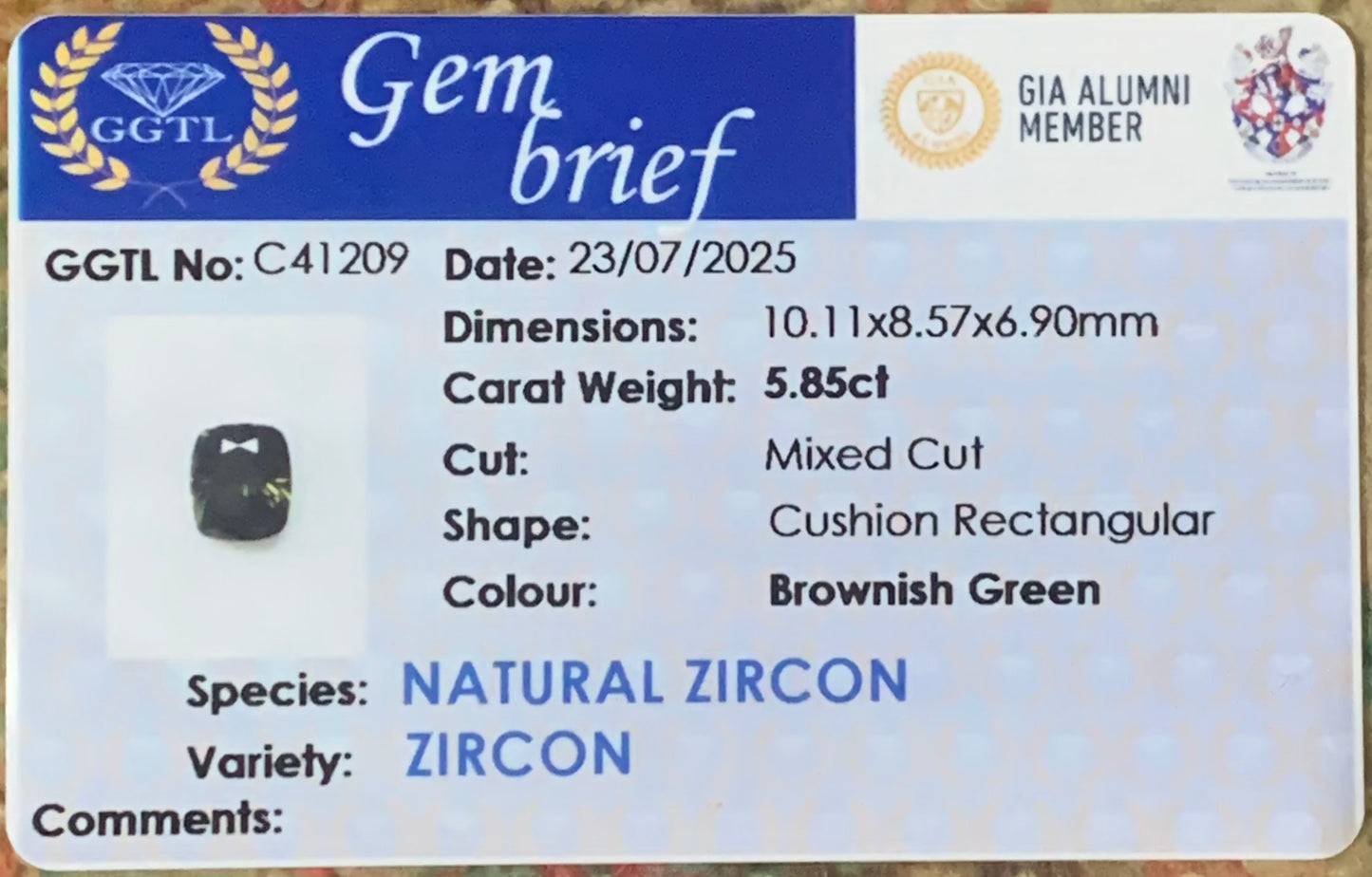 Brownish Green Zircon Rectangular Cushion Natural Certified 5.85 Ct Loose Gemstone