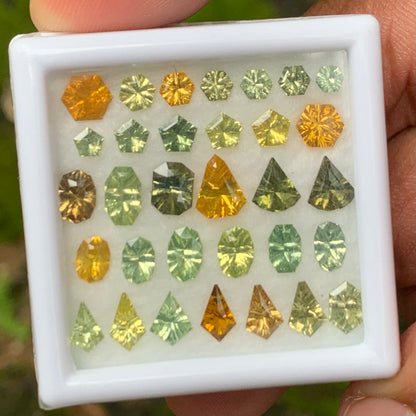 Zircon Parcel Of Fantasy / Concave Cut Different Geometric Shapes Loose Gemstones 11.40 Ct / 32 Green & Yellow Gemstones for Jewelry Making