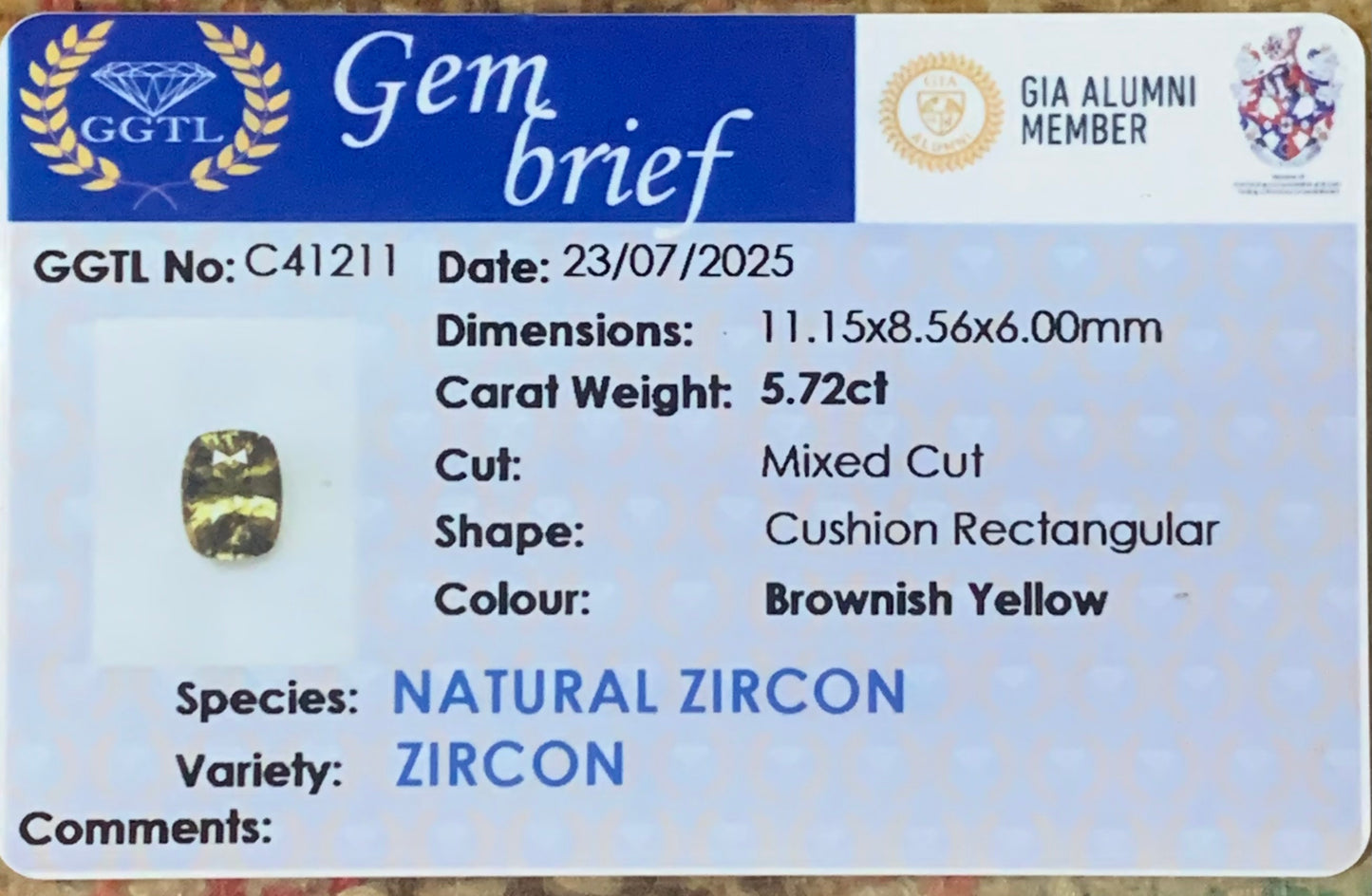 Brownish Yellow Zircon Rectangular Cushion Natural Certified 5.72 Ct Loose Gemstone