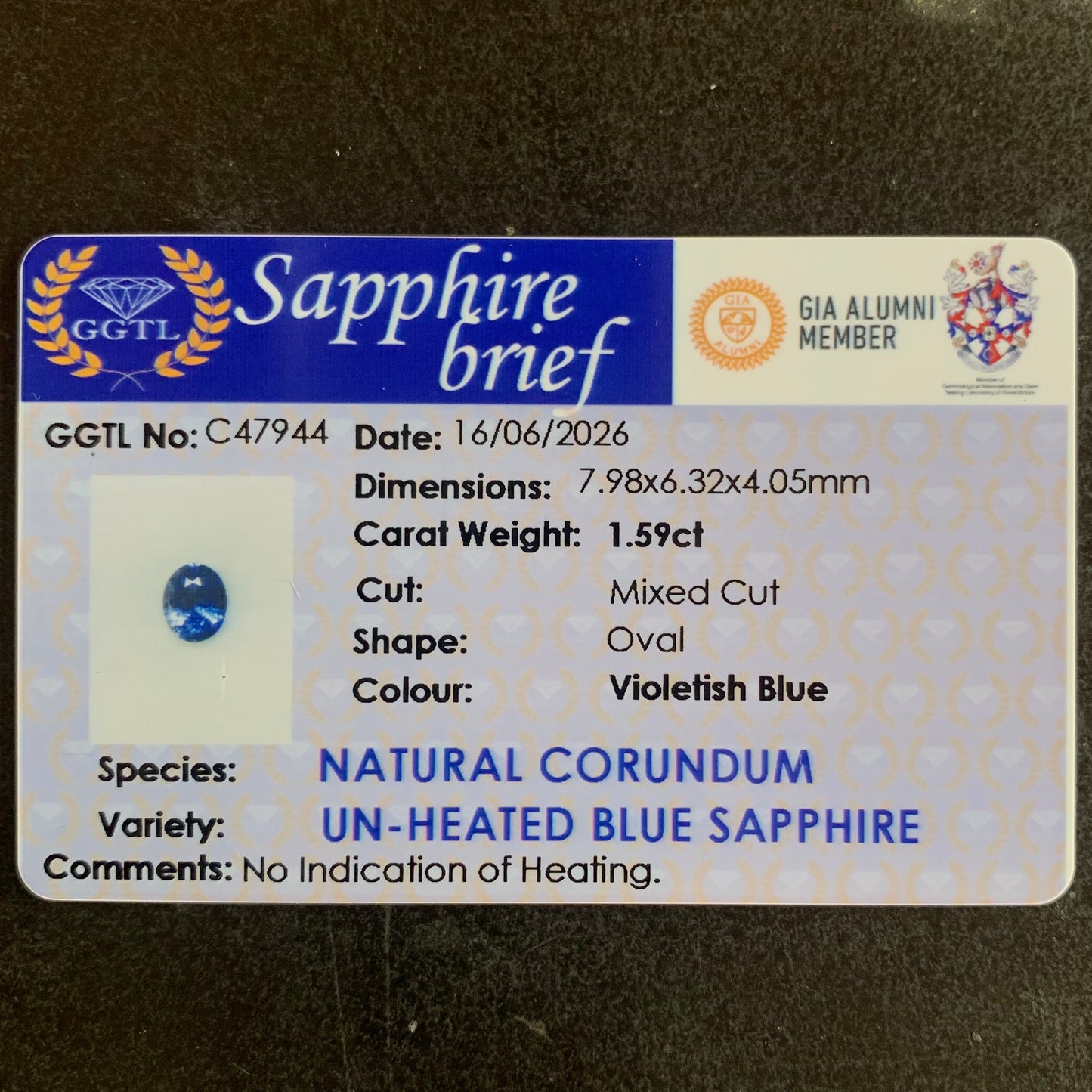 Unheated Violetish Blue Sapphire Certified Oval 1.59 Ct Natural Loose Gemstone
