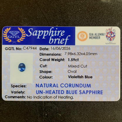Unheated Violetish Blue Sapphire Certified Oval 1.59 Ct Natural Loose Gemstone