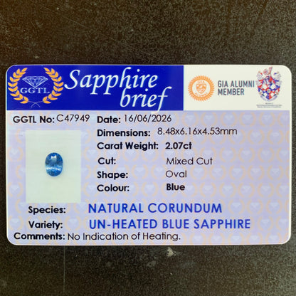 Unheated Blue Sapphire Certified Oval 2.07 Ct Natural Loose Gemstone