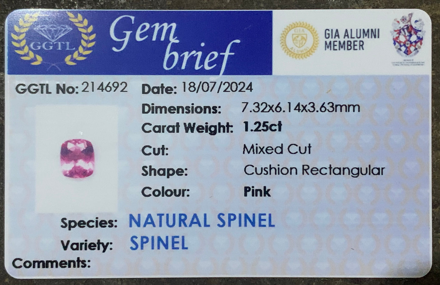 Purplish Pink Spinel Rectangular Cushion 1.25 Ct Certified Loose Gemstone For Jewelry Making