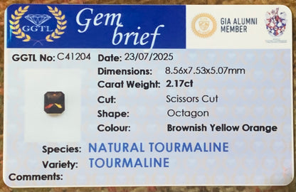 Brownish Orange Yellow Concave Cut / Fantasy Cut Tourmaline Octagon Natural Certified 2.17 Ct Loose Gemstone