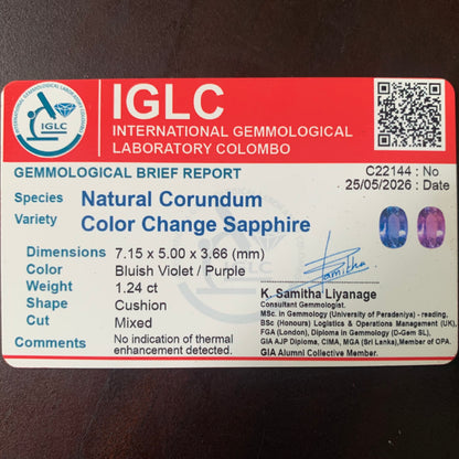 Natural Unheated Color Change Sapphire Rectangular Cushion 1.24 Ct Certified Loose Gemstone From Sri Lanka