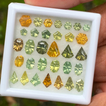 Zircon Parcel Of Fantasy / Concave Cut Different Geometric Shapes Loose Gemstones 11.40 Ct / 32 Green & Yellow Gemstones for Jewelry Making