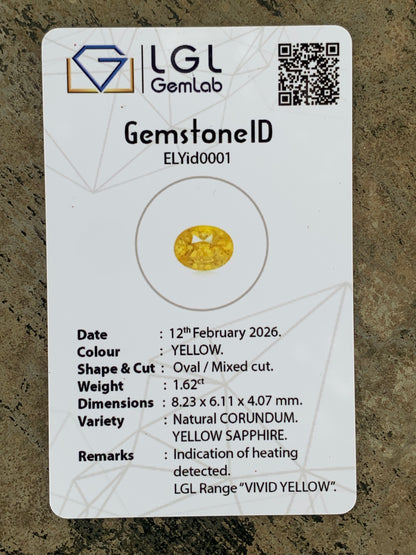 Yellow Sapphire Certified Oval Heated Only 1.62 Ct Natural Loose Gemstone for Jewelry Making
