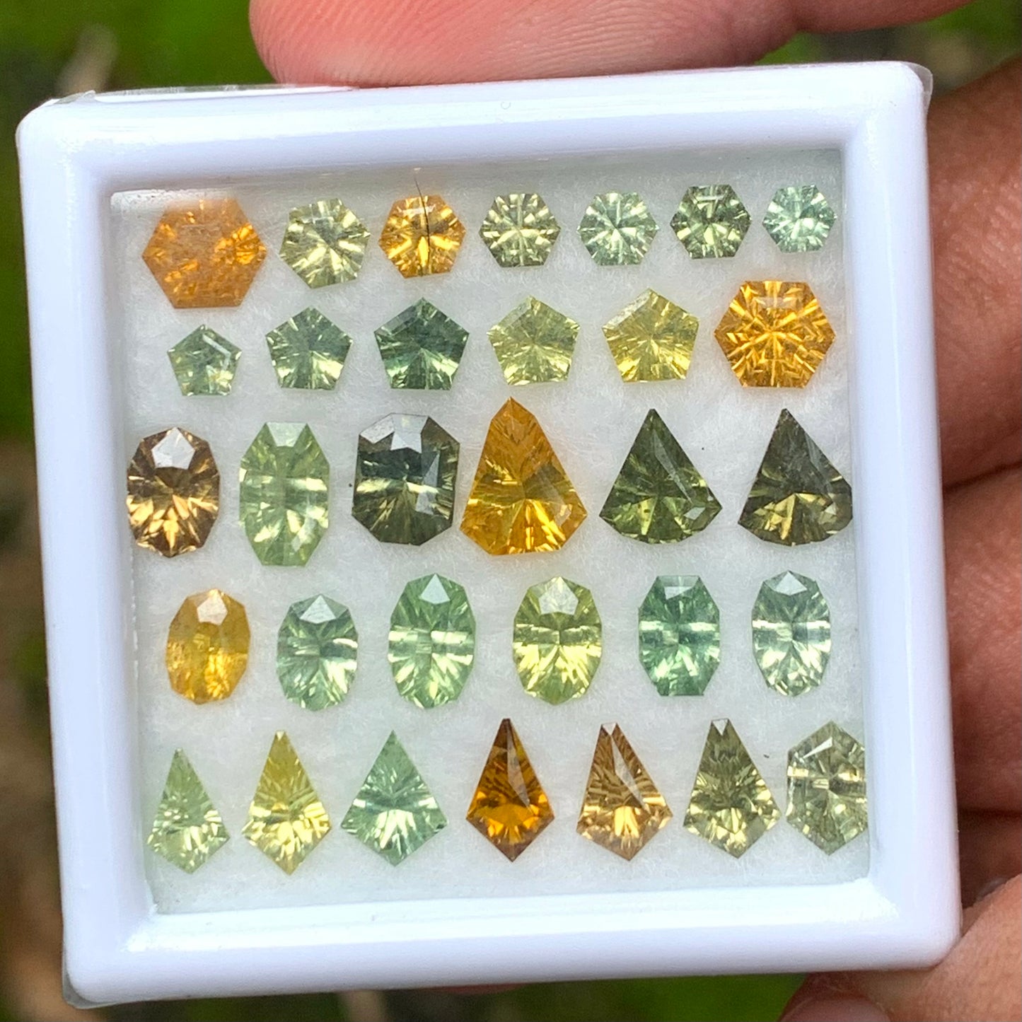 Zircon Parcel Of Fantasy / Concave Cut Different Geometric Shapes Loose Gemstones 11.40 Ct / 32 Green & Yellow Gemstones for Jewelry Making