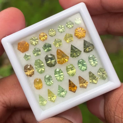 Zircon Parcel Of Fantasy / Concave Cut Different Geometric Shapes Loose Gemstones 11.40 Ct / 32 Green & Yellow Gemstones for Jewelry Making